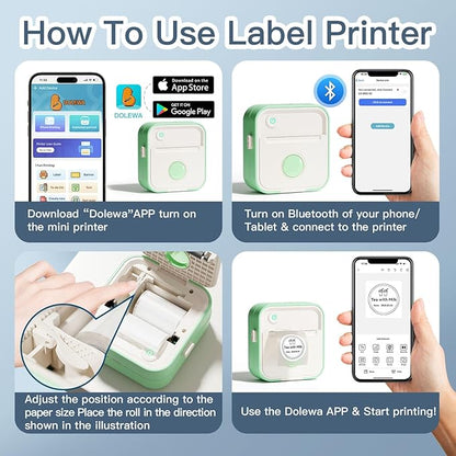 Label Maker Machine, HD Mini Sticker Printer with 7 Rolls Paper, Portable Thermal Print Pod Supports 12-57mm Papers,Bluetooth Pocket Printer for Home,Kitchen,School (Green)