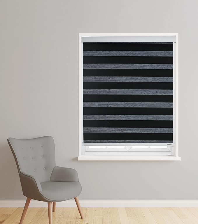 ShadesU Cordless Zebra Blinds – Light Filtering Dual-Layer Window Shades for Privacy (Black Color) (Maximum Height 72") (Width 47")