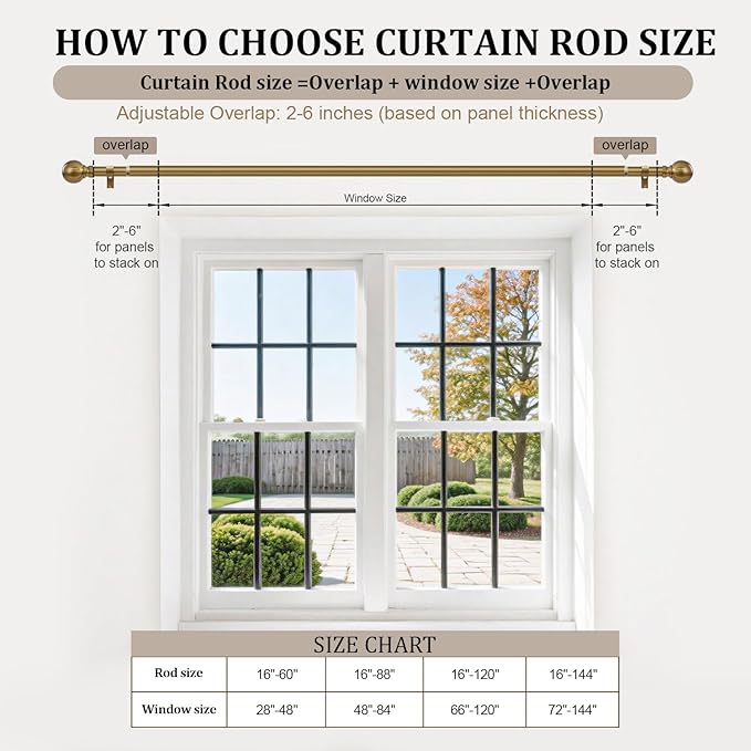 Warm Gold Curtain Rods for Windows 28 to 48 Inch 1" Diameter Adjustable Heavy Duty Brass Window Curtain Rod with Metal Finials for Living Room Bedroom Farmhouse Kitchen Outdoor