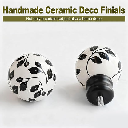 Ceramic Black Curtain Rods Set of 2 for Windows 72 to 144 Inches Adjustable Length Heavy Duty White Window Curtain Rod with Modern Leaf Pattern Decorative Finials for Bedroom Kitchen Living Room