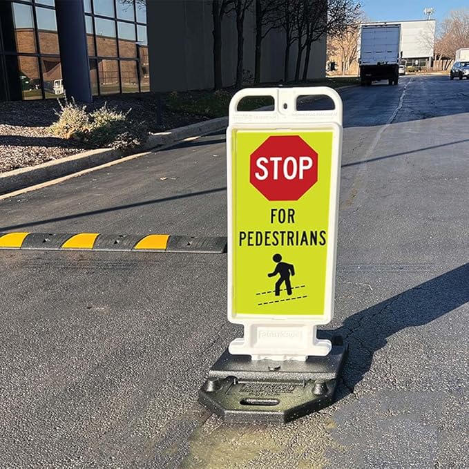 Plasticade Crosscade Crosswalk Sign, 24" Vertical Panel with 12x24 Stop For Pedestrians Sign, Impact-Resistant Rubber Base, Diamond Grade Reflective Background and HIP Sheeting