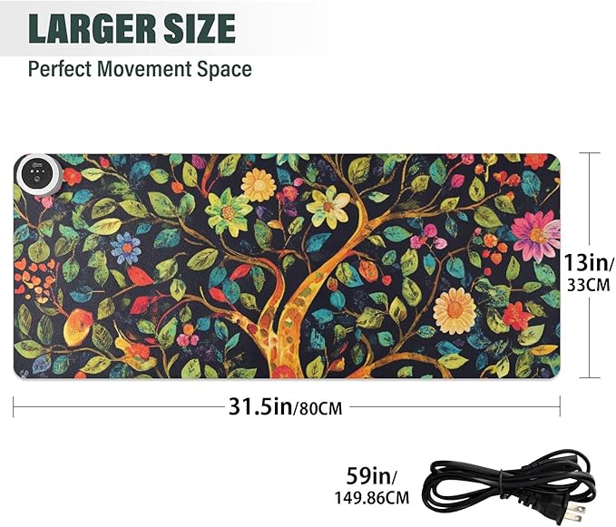 Heated Desk Pad Mouse Pad 31.5x13 Inch PU Leather Desk Mat with 3 Heat Levels Large Mouse Gaming Computer Laptop Mat Tree of Life Floral Leaves Black