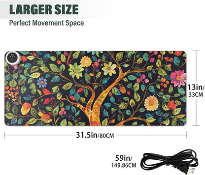 Heated Desk Pad Mouse Pad 31.5x13 Inch PU Leather Desk Mat with 3 Heat Levels Large Mouse Gaming Computer Laptop Mat Tree of Life Floral Leaves Black