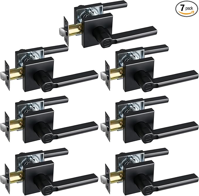Privacy Door Lever, Heavy Duty Bathroom Bedroom Handle Lock, Keyless Interior Knobs, Matte Black, Reversible for Right&Left Handed, 7Packs