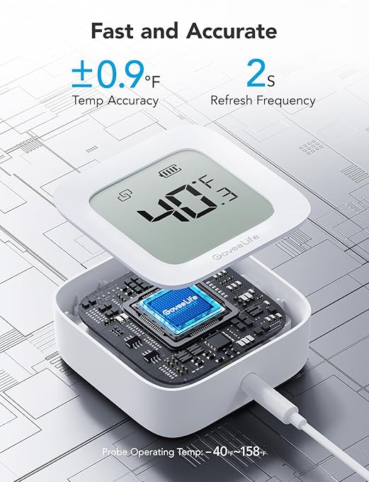 GoveeLife Freezer Thermometer Alarm, Smart Bluetooth Temperature Monitor Sensor for Refrigerator, 197 Ft Connecting Range APP Alert with Anti-False for Freezer (WiFi Gateway Not Included)