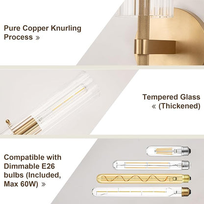 Brass Gold 2-Light Knurled Wall Sconce, Dual-Head Vanity Lamp with Vertical Striped Glass Tube, Bathroom Wall Sconces, Wall Lights for Living Room Bedroom Hallway Kitchen Bathroom Mirror
