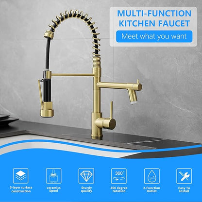 Gold Kitchen Faucet with Sprayer AIMADI,Modern Single Handle Spring Gold Kitchen Sink Faucet