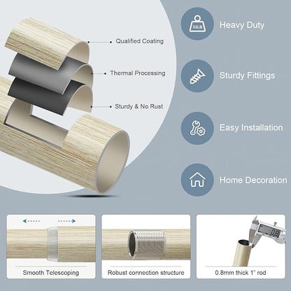 2 Pack White Oak Wood Grain Curtain Rods for Windows 66 to 120 Inches 1" Diameter Boho Decorative Heavy Duty Window Curtain Rod Adjustable with Solid Finials for Living Room Bedroom Kitchen Farmhouse
