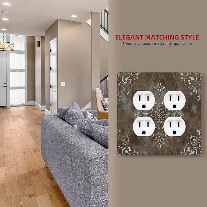 Decorative Outlet Covers Brown Vintage Abstract Floral 2 Gang Wall Plate Cover Double Duplex Receptacle Two Switch Light Switch Cover Plate Jumbo Dual Faceplate for Home Decor