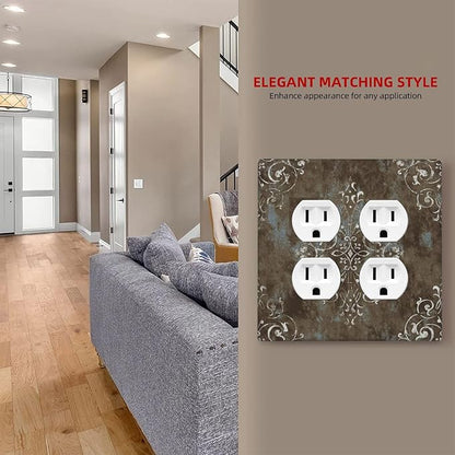 Decorative Outlet Covers Brown Vintage Abstract Floral 2 Gang Wall Plate Cover Double Duplex Receptacle Two Switch Light Switch Cover Plate Jumbo Dual Faceplate for Home Decor