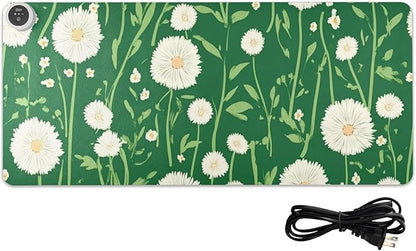 Heated Desk Pad Mouse Pad 31.5x13 Inch PU Leather Desk Mat with 3 Heat Levels Large Mouse Gaming Computer Laptop Mat Green Dandelion and Daisy