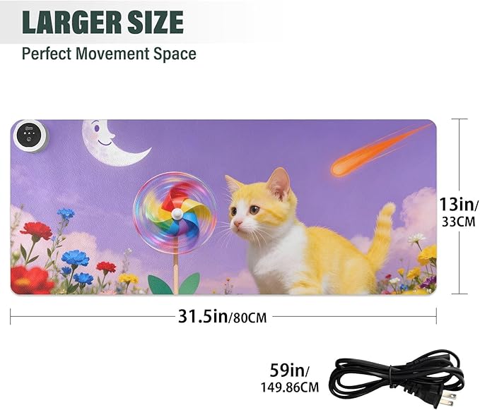 Large Heated Mouse Pad,Leather Desk Mat,31.5"x13",Hand Warmer Pads for Desk,Cat(Purple Yellow)