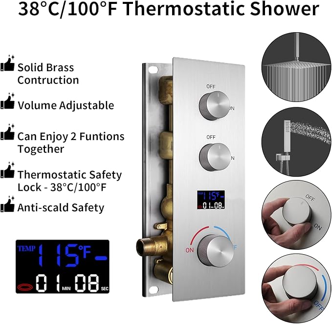 2 Way Shower Diverter Valve Brass 2 Functions Digital Temperature Display Thermostatic Shower Mixing Valve Kit 3 Handle Flow Cotrol Valve, Can Run Simultaneously Brushed Nickel