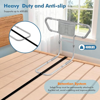 Bed Rail for Elderly Adults Safety – Bed Rails for Seniors Safety, Adjustable Bedside Assist Rail with Storage Pocket, Non-Slip Handle, Motion Sensor Night Light, Heavy-Duty 400LB Support
