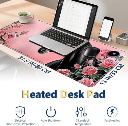 Heated Mouse Pad with 3 Temperature Settings(104°F–122°F),Large 31.5x13 Inch PU Leather Heated Desk Mat,Waterproof Warming Pad for Office,Gaming & Cold Hands Relief,Pink Rose Black Horse