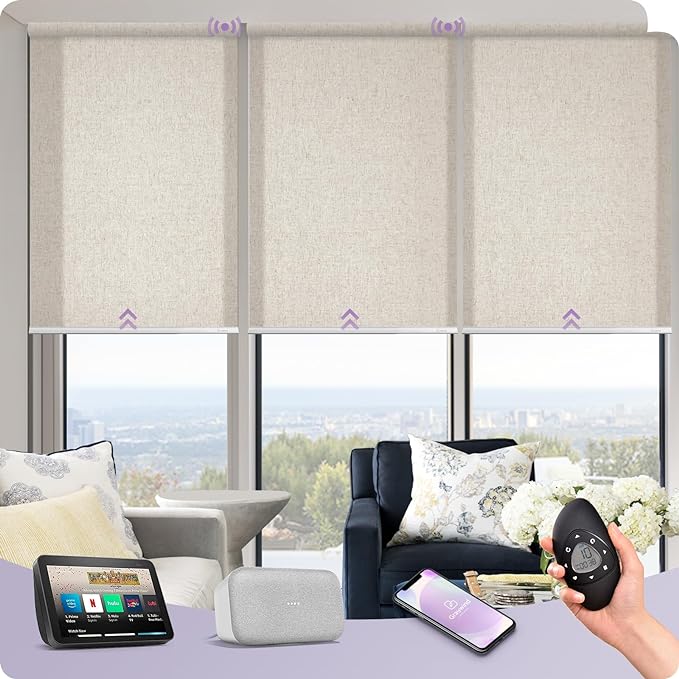 Graywind Motorized Light Filtering Shades Compatible with Alexa Google Rechargeable Remote Control Smart Blinds Automatic Window Shade with Valance for Home Office, Custom Size (Linen Beige)