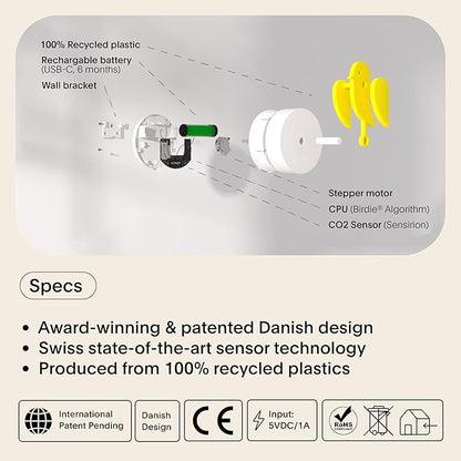 Birdie 2.0 - Design Indoor CO2 Monitor - Air Quality Meter for Home & Office - Promotes Mental & Physical Health - Modern Interior Decor - Reducing Health Risks with Clean Air (Yellow, FullBirdie)