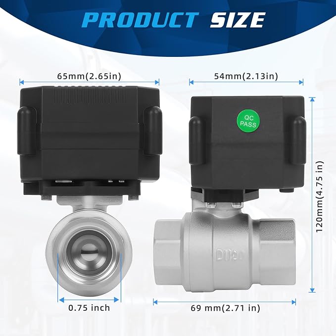 3/4" Motorized Ball Valve - 2 Wire Auto Return Electric Water Valve with Full Port, 9-24V AC/DC Automatic Ball Valve,Stainless Steel,Normally Closed