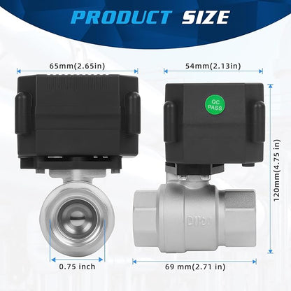 3/4" Motorized Ball Valve - 2 Wire Auto Return Electric Water Valve with Full Port, 9-24V AC/DC Automatic Ball Valve,Stainless Steel,Normally Closed