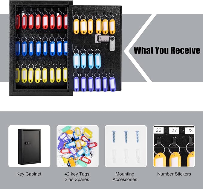 Sumerfnt Key Box Wall Mount with Code, Key Cabinet Lock Box for 40 Keys, Metal Key Storage Box with Key Tags and Number Stickers, 12.1"x 8.1" x 2.6"
