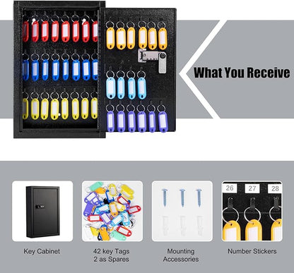 Sumerfnt Key Box Wall Mount with Code, Key Cabinet Lock Box for 40 Keys, Metal Key Storage Box with Key Tags and Number Stickers, 12.1"x 8.1" x 2.6"