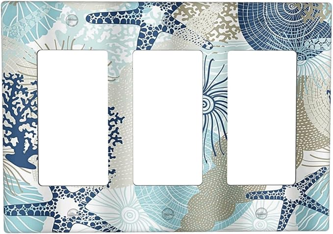Decorative Outlet Covers Blue Starfish Brown Coral Ocean 3 Gang Light Switch Cover Plate Triple Rocker Wall Plates for Electrical Outlets Switch Plate Covers for Girlroom Home Decor