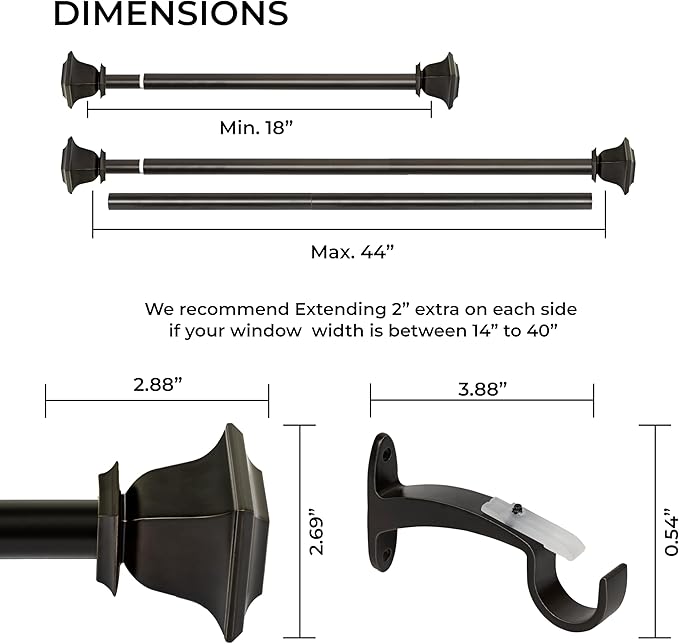 Deco Window Adjustable Curtain Rod for Windows 18 to 44 Inch (Pack of 1) Extendable Heavy Duty 1 Inch Iron Drapery Pole with Finials Wall Mounted French Door Curtain Rods (Bronze)