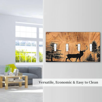 Light Switch Covers Rustic Farmhouse Orange Brown Pine Tree Deer Wood Grain Quad Toggle Electrical Faceplate 4 Gang Wall Plate Decorative Switch Plates for living Room Cabin Decor