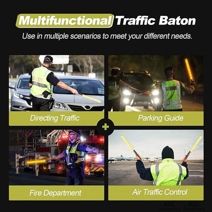 RoadHero 2 Pack 21 Inch Traffic Wand, Yellow Led Traffic Control Baton, Night Safety Light Wands with 2 Flashing Modes, Air Marshaling Signal Wand with Side Clip for Airport, Parking, Car Directing
