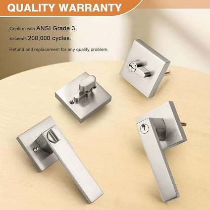 Probrico Square Keyed Entry Levers and Single Cylinder Deadbolts Combo Pack, Satin Nickel Heavy Duty Entrance Locksets for Office Bedroom and Front Door, 4 Pack Keyed Alike(All Same Keys)