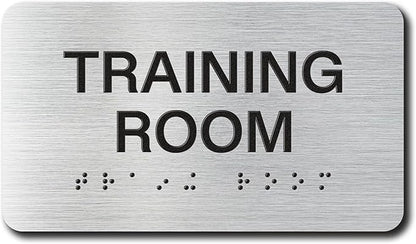 TRAINING ROOM Signs with Raised Text & Grade 2 Braille, Brushed Aluminum/Silver Finish Easy Install with Double-Sided Tape, ADA Compliant Custodian Door Sign for Businesses & Offices