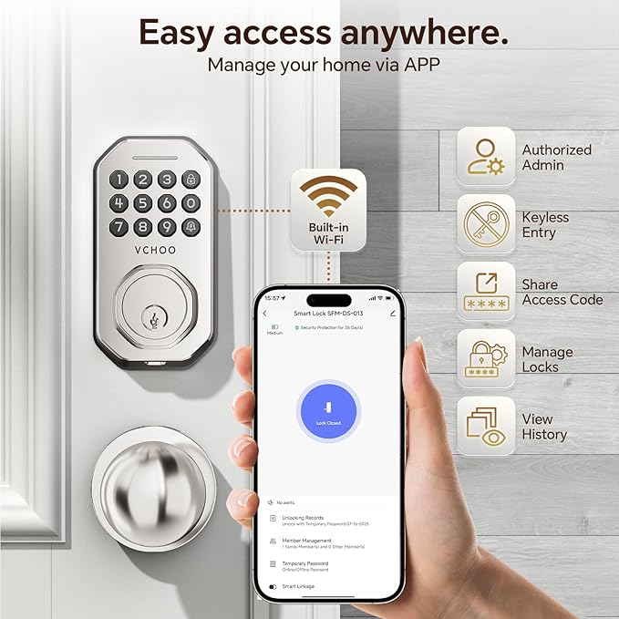 Keyless Entry Door Lock with 2 Knobs App Control Smart Locks for Front Door WiFi Door Lock Set Automatic Lock One Time Password Anti Peeping Password IP54, Satin Nickel