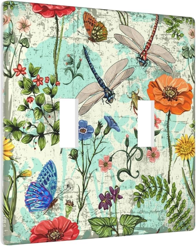 Dragonflies Flowers Butterfly 2 Gang Double Toggle Outlet Light Switch Cover Decorative Wall Plate Cover For Home Living Bedroom Kitchen Decorative