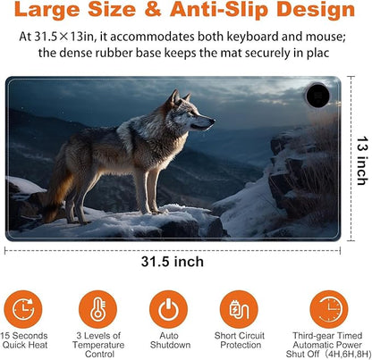 Heated Mouse Pad for Desk 31.5" x 13" – PU Leather Warm Desk Pad with 3 Heat Levels (104°F/113°F/122°F), Plug-in Electric Heating Mat with Auto Shut-Off, Waterproof & Rollable, Lone Wolf