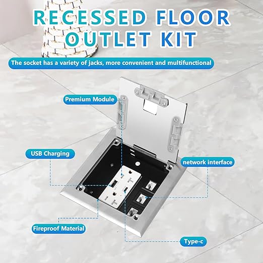 KYHSHJ Recessed Flat Hidden Socket Kit with 2 * 20A Receptacle，4.8A 1 USB-A Ports &1 USB-C Port+3-Port RJ45 Datacom Receptacle.Internal Height Adjustable，Corrosive Resistant Hardware,Silver