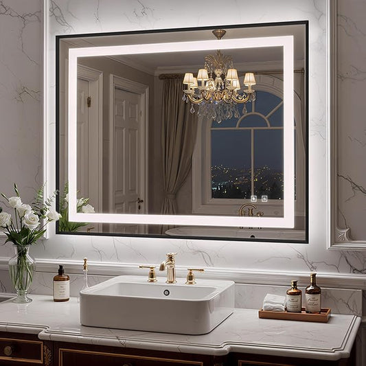 40X32 Inch LED Bathroom Mirror with Lights, Black Frame Frontlit+ Backlit Bathroom Vanity Mirror for Wall, Ultra-Clear Tempered Glass, Shatter-Proof, Anti-Fog and Memory Function, ETL Listed