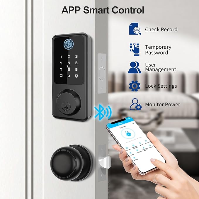 Smart Door Lock with Door Knobs, Fingerprint Door Lock with Handle, Black Smart Lock Round Handles for Home, Apartment