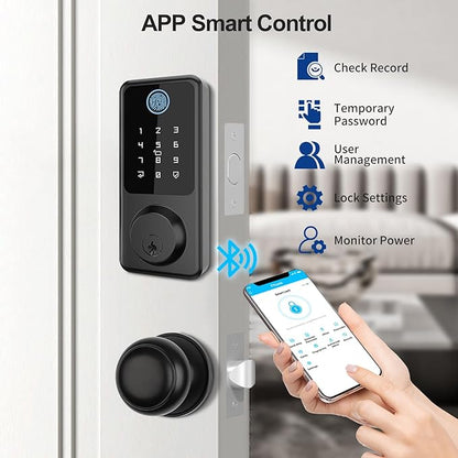 Smart Door Lock with Door Knobs, Fingerprint Door Lock with Handle, Black Smart Lock Round Handles for Home, Apartment