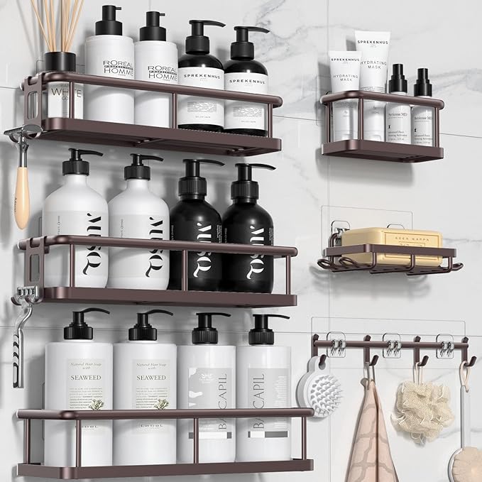 YASONIC Shower Caddy, 6 Pack Large Capacity shower Organizer with Soap Holder and 12 Hooks, Rustproof Shelves for Inside Shower, No Drilling&Sleek Bathroom Organizers and Storage Bronze