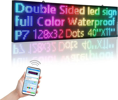 Commercial P7 LED Sign Board: 40x11 Inch Waterproof Double-Sided Full-Color Display with USB & WiFi for Programmable Scrolling Messages, High-Brightness for Indoor/Outdoor All-Weather Use