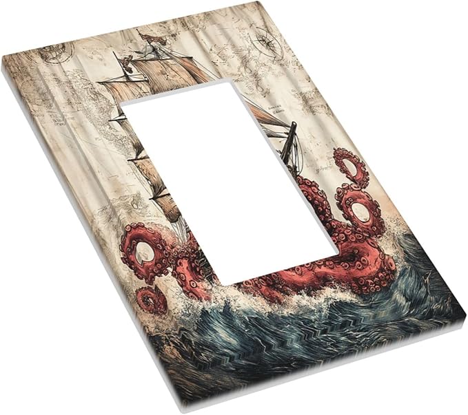 Decorative Outlet Covers Vintage Octopus Ocean Sailboat Bizarre Adventure 1 Gang Single Rocker Light Switch Cover Plate Wall Plates GFCI Faceplate for Bathroom Kids room Decor