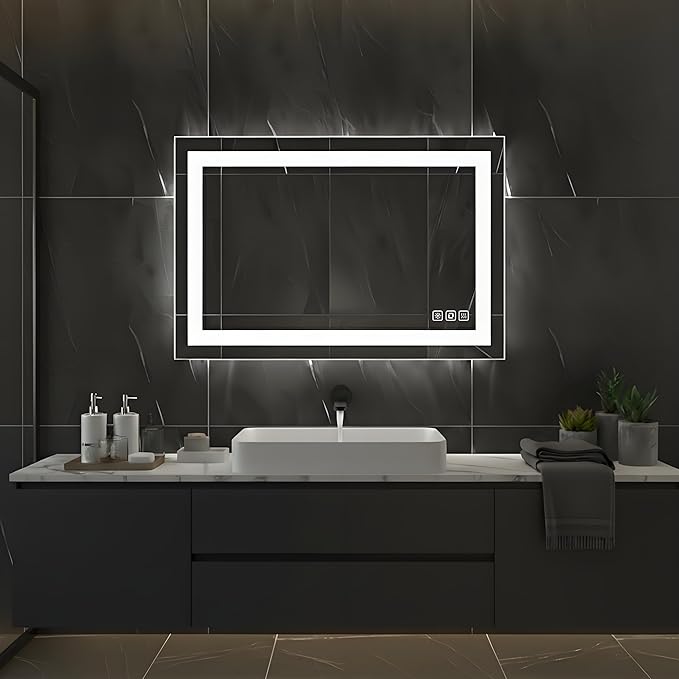 36 * 28inches LED Mirror, Smart Bathroom Mirror with Lights, Anti-Fog, Tempered Glass, 3 Colors Dimmable, Front and Backlit, CRI 90+, Wall Mounted, Memory