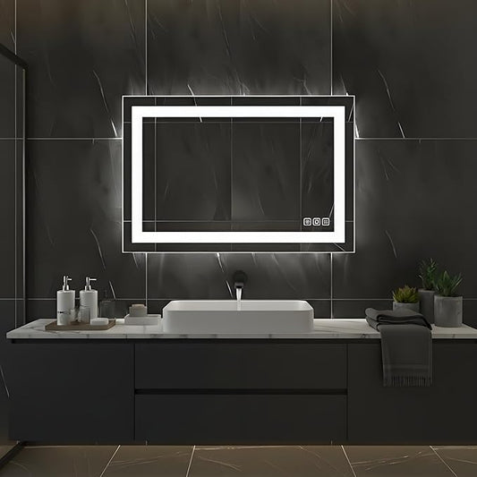 36 * 28inches LED Mirror, Smart Bathroom Mirror with Lights, Anti-Fog, Tempered Glass, 3 Colors Dimmable, Front and Backlit, CRI 90+, Wall Mounted, Memory