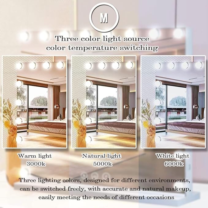 THEKLA 24 x 32 Inch Hollywood Light Vanity Mirror with 24 Bulbs Adjustable 3 Color Lights 32" Vanity Lighted Mirror for Bathroom Bedroom Wall Vanity Makeup Table Mirrors with Lights Base X10 Magnifier