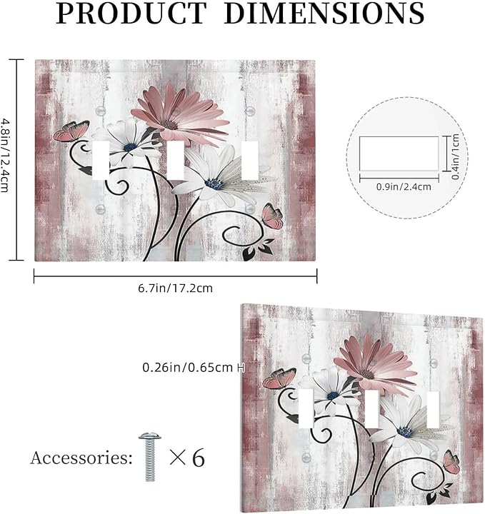 Decorative Switch Plates Pink White Daisy Butterfly Wood Grain 3 Gang Wall Plate Triple Toggle Light Switch Cover Faceplate Electrical Wall Panels for Farmhouse Bathroom Decor
