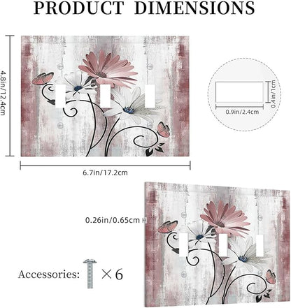 Decorative Switch Plates Pink White Daisy Butterfly Wood Grain 3 Gang Wall Plate Triple Toggle Light Switch Cover Faceplate Electrical Wall Panels for Farmhouse Bathroom Decor