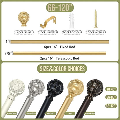 Gold Adjustable Curtain Rods for Windows:66-120 Inch Farmhouse Heavy Duty Curtain Rod for Bedroom Living Room,Boho Decorative Rustic Drapery Rods with Vintage Coastal Texture Finial,Brass Gold