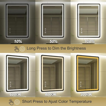 24x36 Inch LED Bathroom Mirror with Auto Sensor Lights, Black Framed Wall Bathroom Mirror, Backlit & Frontlit, Dimmable, Anti-Fog, 3 Colors, Memory Function, Smart Lighted Mirror for Vanity