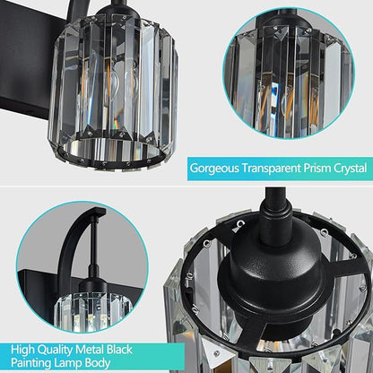 3-Light Crystal Vanity Light, Modern Black Bathroom Wall Sconce with K9 Crystal Shades, 23.62" Long Over Mirror Lighting for Vanity, Makeup, Hallway, Elegant & Durable