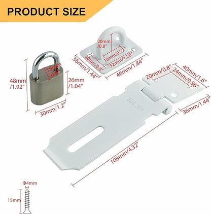 Alise Door Lock Hasp Latch with Padlock,4 Inch SUS 304 Stainless Steel Safety Packlock Clasp Hasp Lock Latch, with Fixing Screw for External Doors Window Cabinet Pet Cage, White Finish,MST009-W